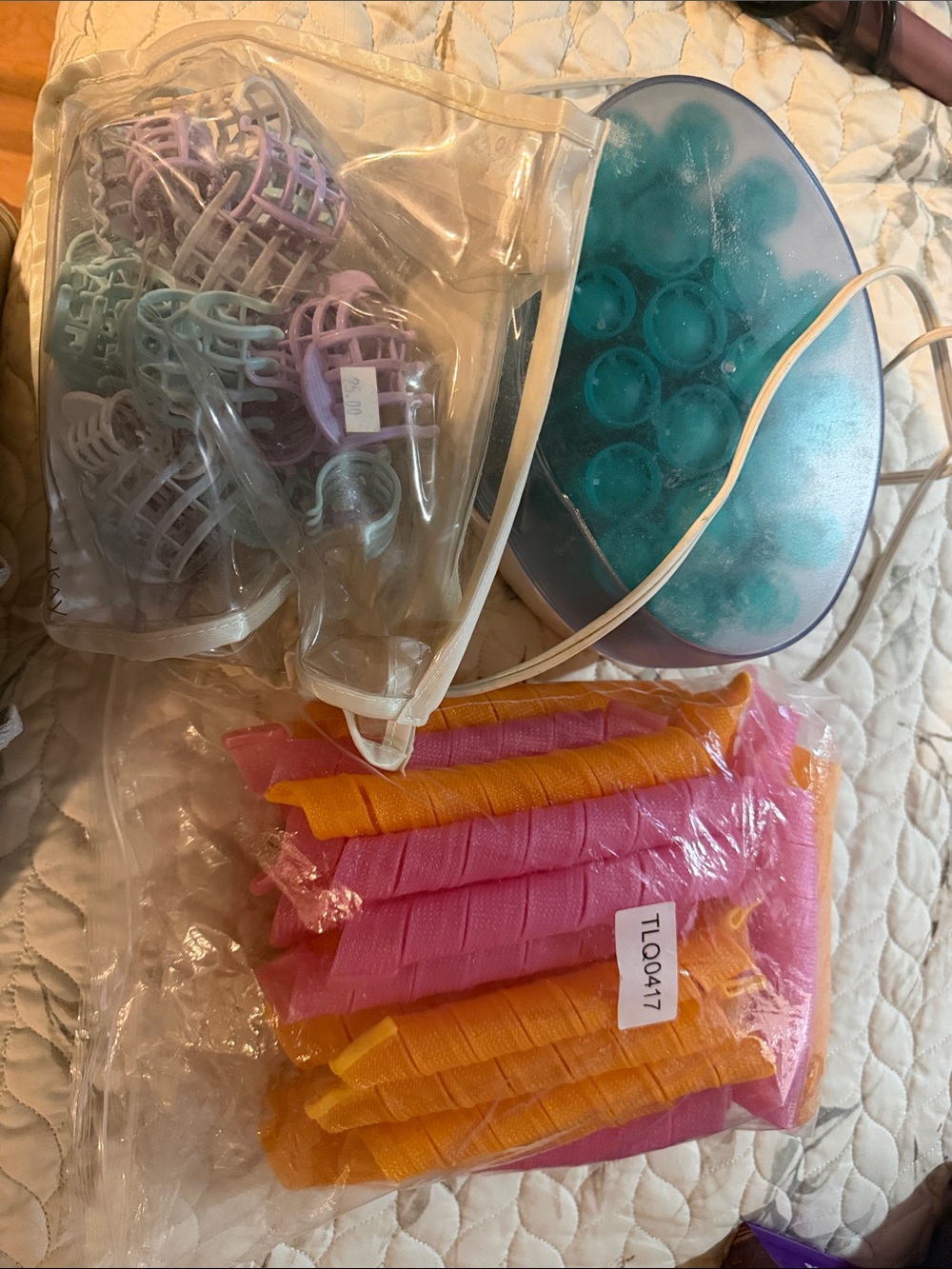 Pink & Orange Spiral Hair Curlers Set with Aqua Electric Heater